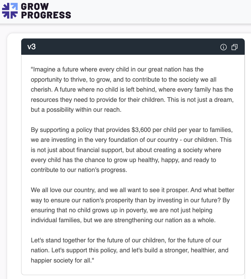 Imagine a future where every child in our great nation has the opportunity to thrive, to grow, and to contribute to the society we all cherish. A future where no child is left behind, where every family has the resources they need to provide for their children. This is not just a dream, but a possibility within our reach.   By supporting a policy that provides $3,600 per child per year to families, we are investing in the very foundation of our country - our children. This is not just about financial support, but about creating a society where every child has the chance to grow up healthy, happy, and ready to contribute to our nation's progress.   We all love our country, and we all want to see it prosper. And what better way to ensure our nation's prosperity than by investing in our future? By ensuring that no child grows up in poverty, we are not just helping individual families, but we are strengthening our nation as a whole.   Let's stand together for the future of our children, for the future of our nation. Let's support this policy, and let's build a stronger, healthier, and happier society for all.